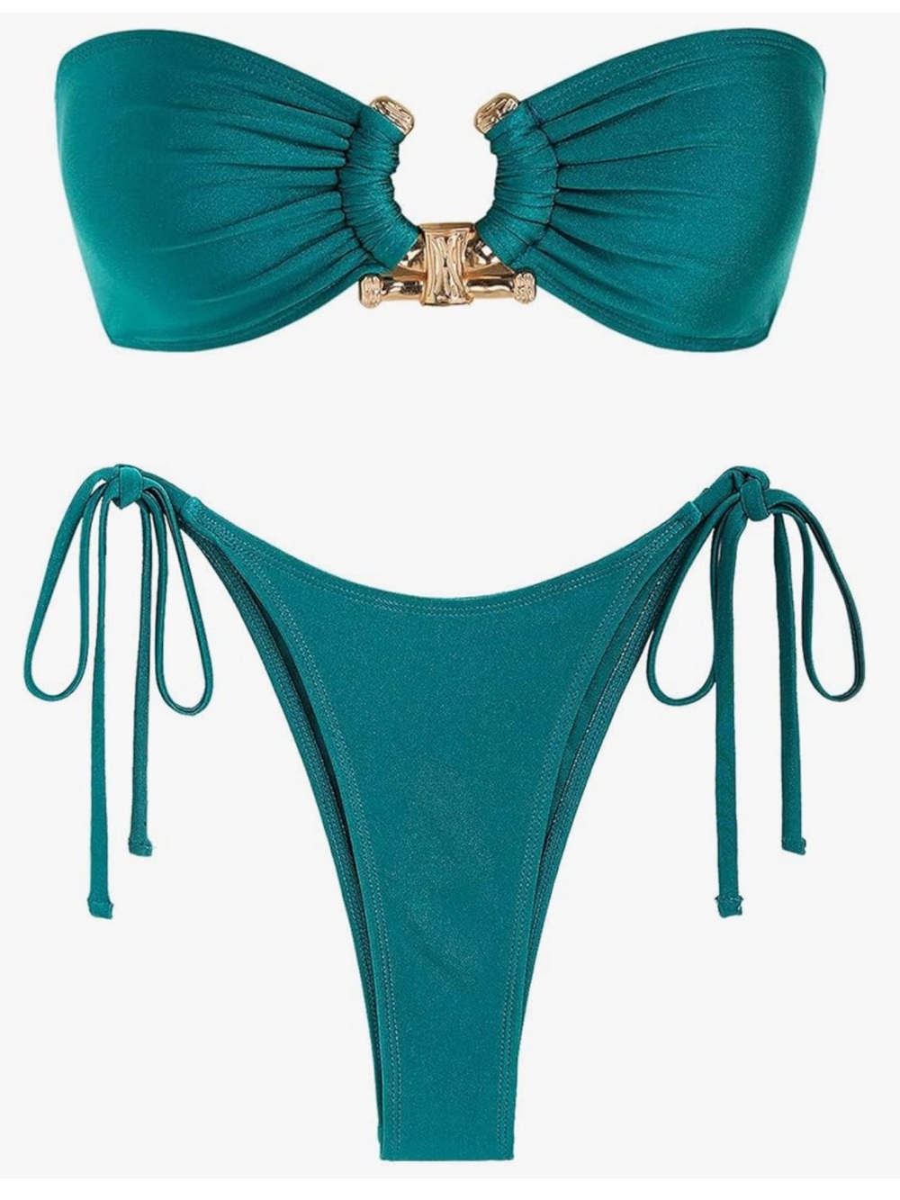 Zaful Teal Bandeau Bikini with Gold Ring & Tie-Side Bottoms